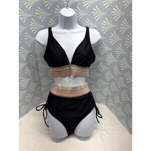 NWT Adisputent black high Waisted woven belt two piece bikini set swimsuit sz M
